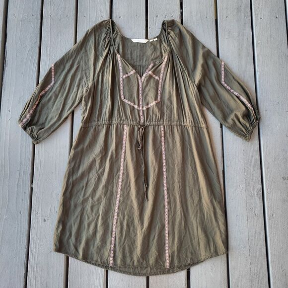 Anthropologie Edme & Esyllte Olive Green 3/4 Sleeve Embroidered Trim Dress Sz L - Picture 2 of 9
